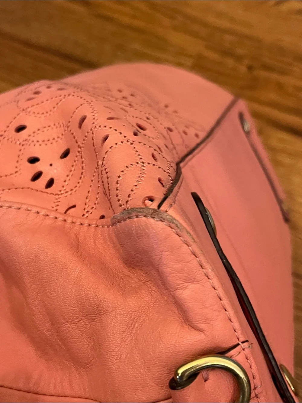 Coach Coral Pink Leather Satchel with Laser-Cut Floral Design F22488